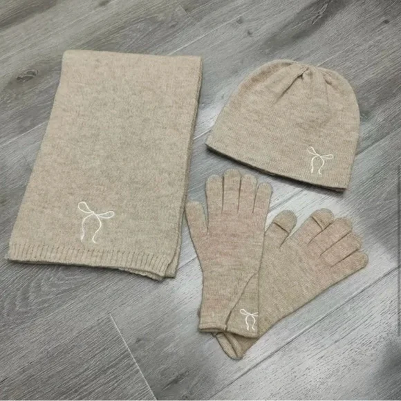 NEW 3 Piece Set: Soft Knit Scarf, Beanie & Fingerless Gloves with Bow Embroidery